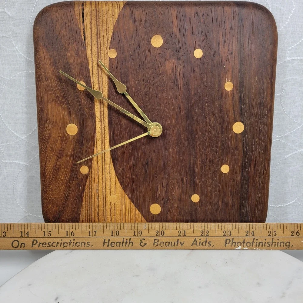 VTG Mixed Wood Wall Clock MCM Brass Hands Quartz Japan Studio Handmade Works